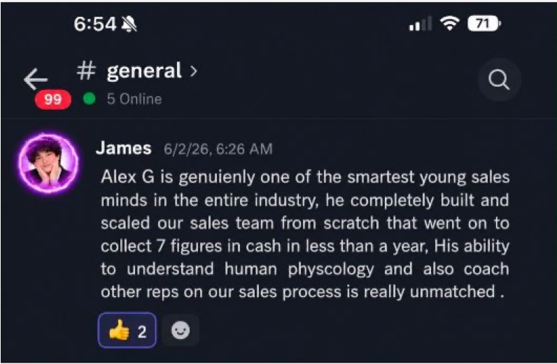 Discord message from James praising Alex G for building and scaling Fortune's sales team to seven figures in cash.